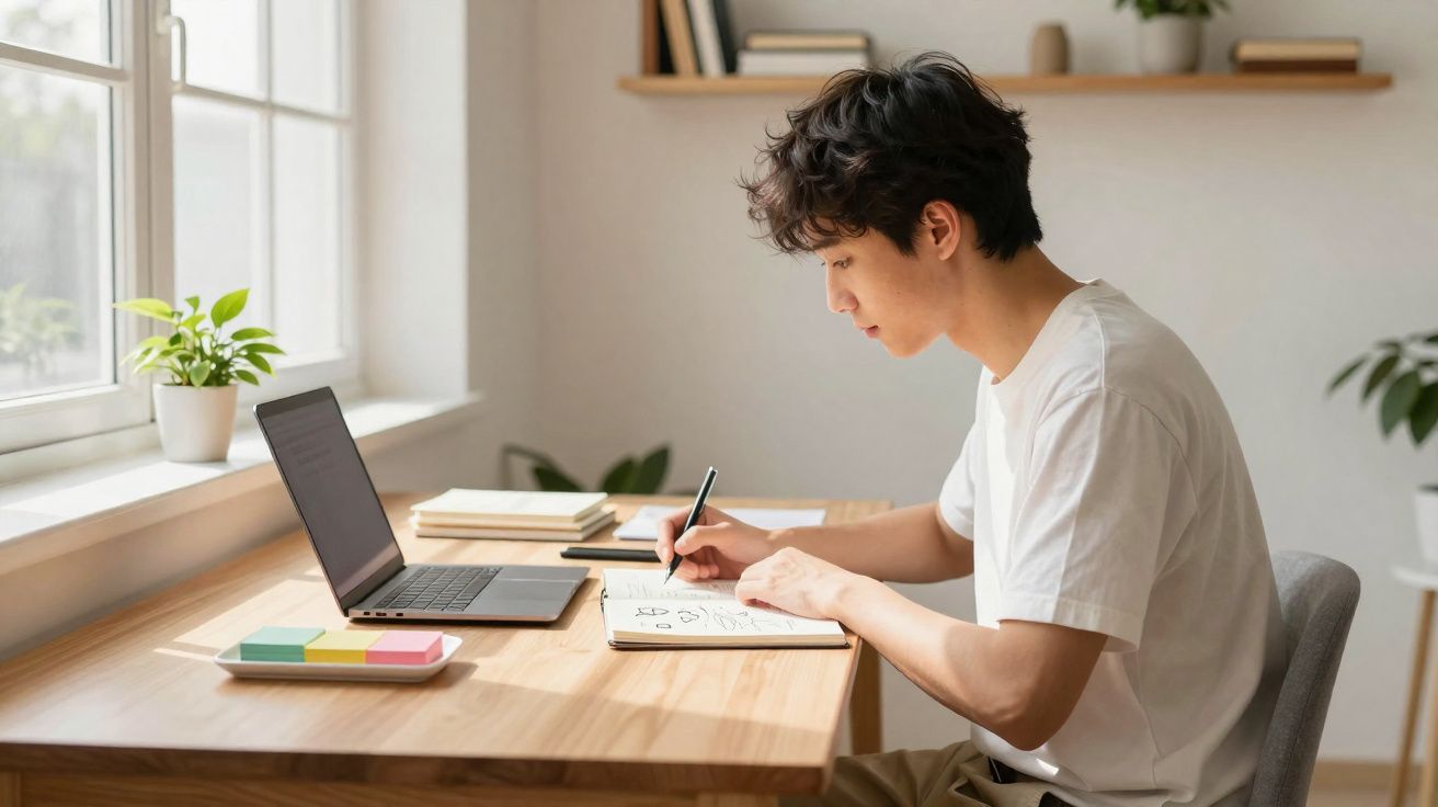 Jovem a trabalhar num caderno, sentado numa secretária com computador portátil junto a uma janela.