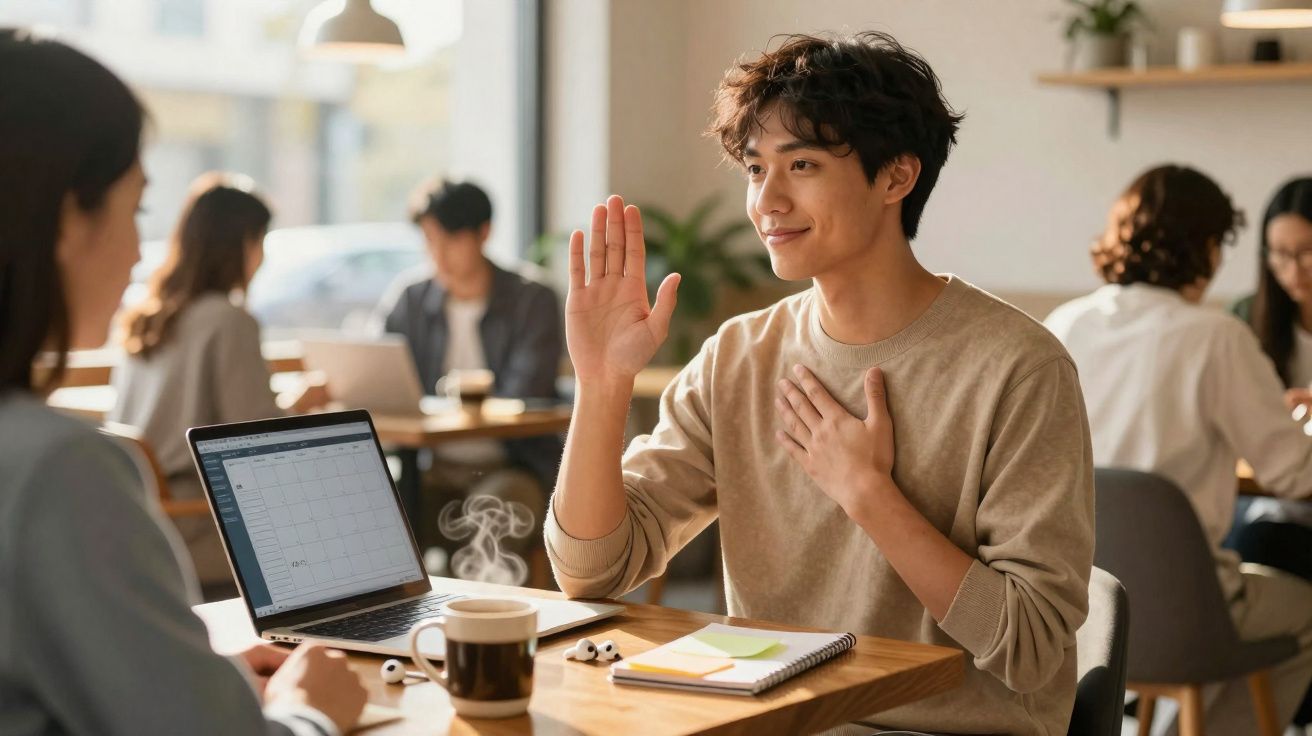 Jovem sentado numa mesa de café a cumprimentar alguém com a mão levantada e a outra no peito.