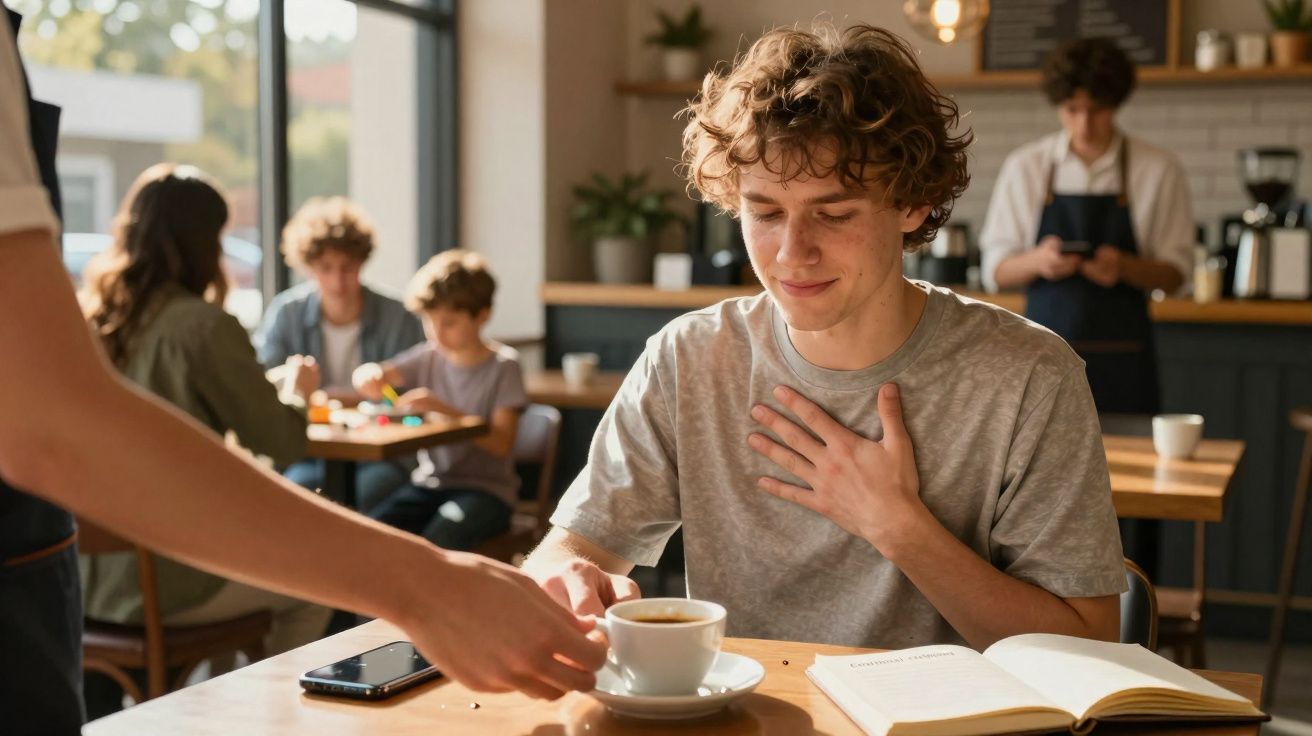 Jovem sentado num café a receber uma chávena de café com um livro aberto à sua frente.