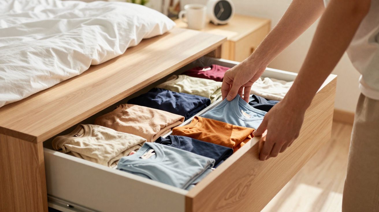 Pessoa a arrumar camisolas dobradas em gaveta de madeira junto à cama.