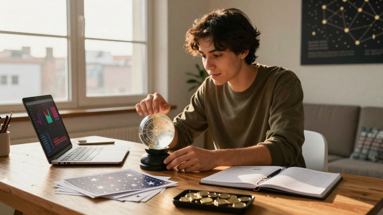 Jovem sentado a estudar astrologia com um globo celeste, laptop aberto e notas sobre a mesa.