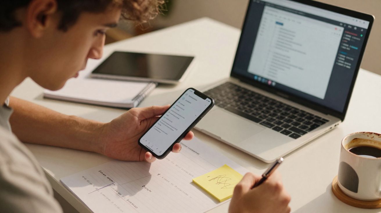 Pessoa a estudar com smartphone, computador portátil, caderno e café numa mesa branca.