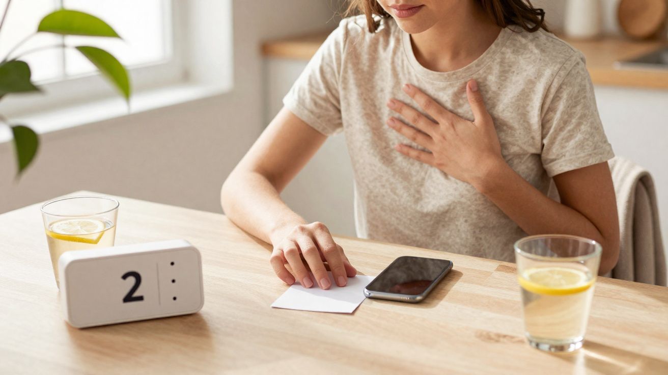Mulher sentada à mesa com mão no peito, com dois copos de água com limão e telemóvel à frente.