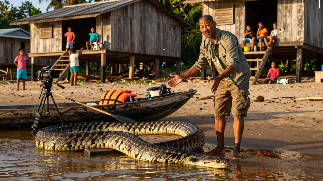 Homem mostra uma grande anaconda na margem de um rio, com várias crianças e cabanas ao fundo.