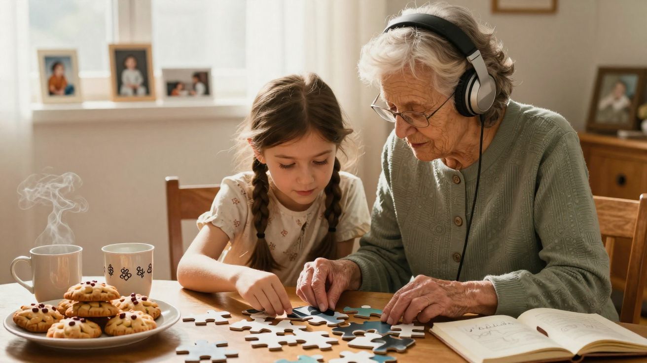 Avó com auscultadores e neta a montar um puzzle numa mesa com bolachas e chá quente.