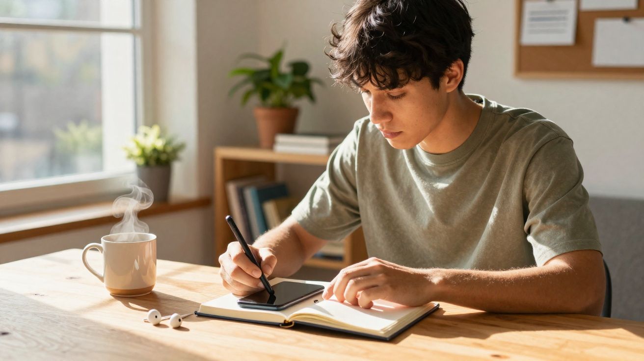 Jovem sentado à mesa a escrever num caderno, com uma caneca de chá quente e auscultadores sobre a mesa.
