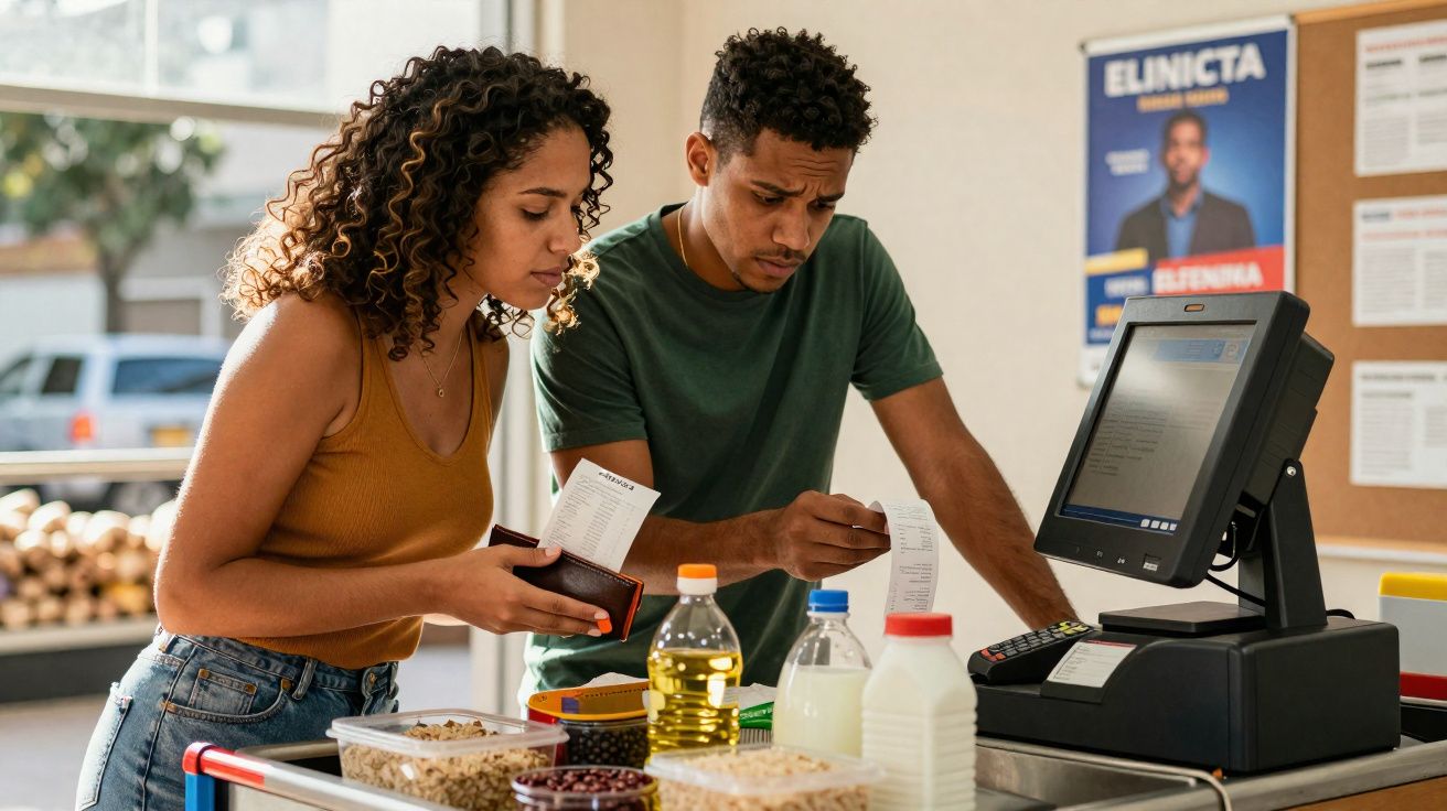 Casal jovem consulta recibo de supermercado enquanto fazem compras num caixa com produtos variados.