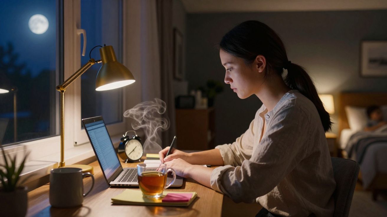 Mulher a estudar à noite numa secretária com chá quente e computador portátil junto à janela iluminada pela lua cheia.