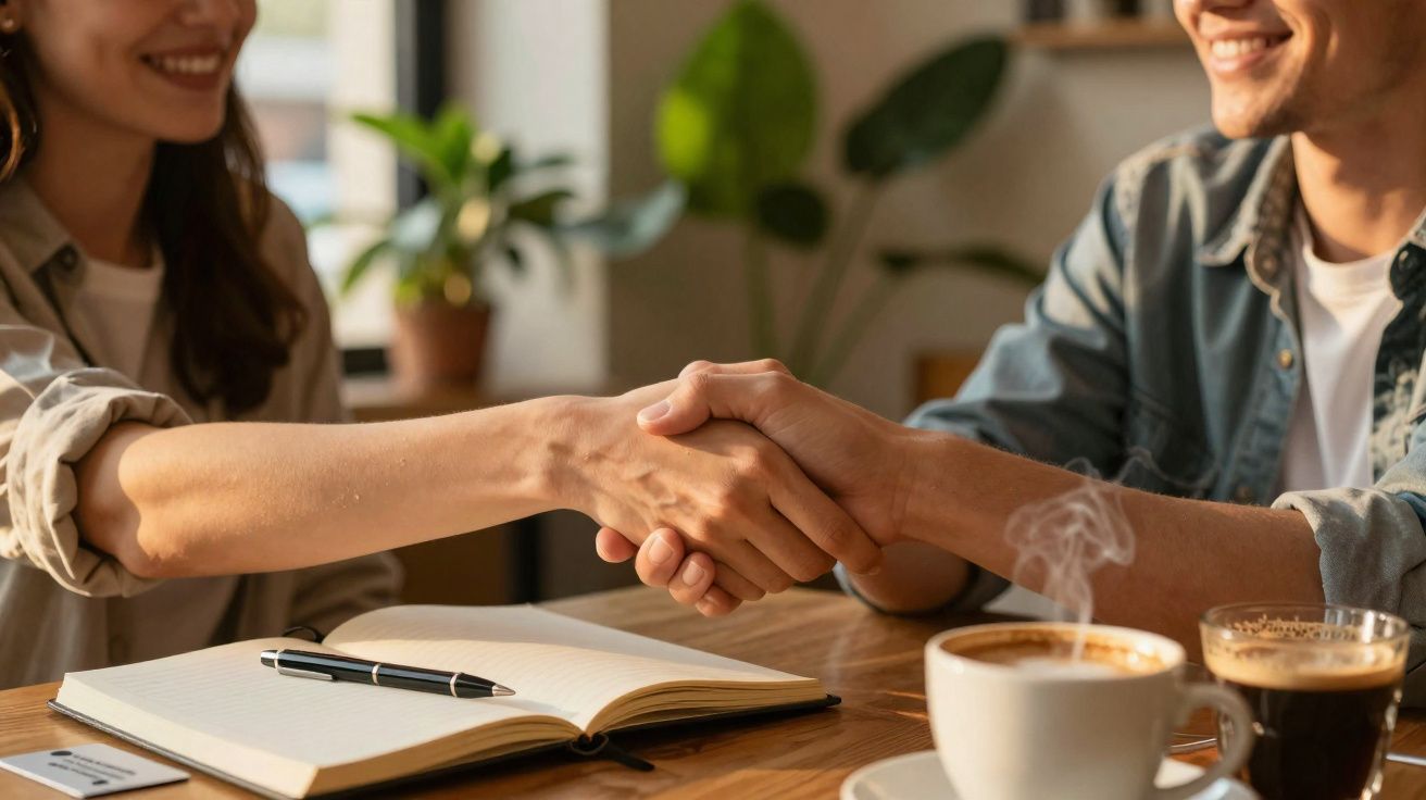 Duas pessoas a dar um aperto de mão sobre uma mesa com caderno, caneta e duas chávenas de café fumegante.