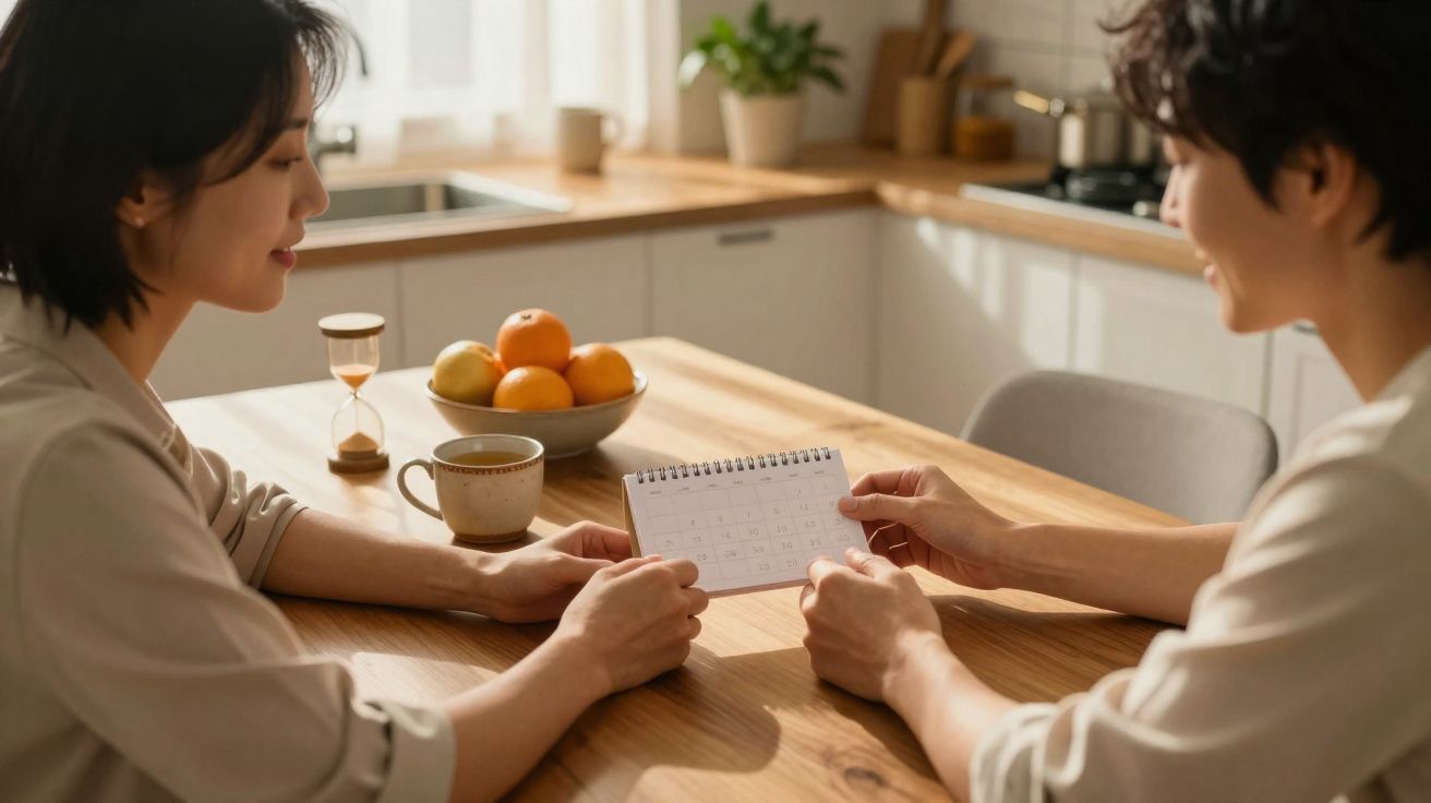 Duas pessoas sentadas à mesa da cozinha a analisar um calendário enquanto conversam e sorriem.