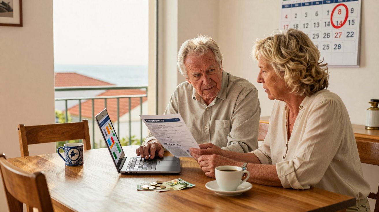 Casal sénior sentado à mesa, analisando documentos com laptop e café, calendário ao fundo assinala dia 8.