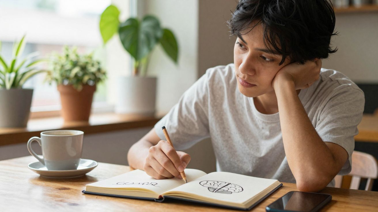 Jovem sentado à mesa a desenhar um cérebro num caderno, com chá e plantas na janela ao fundo.