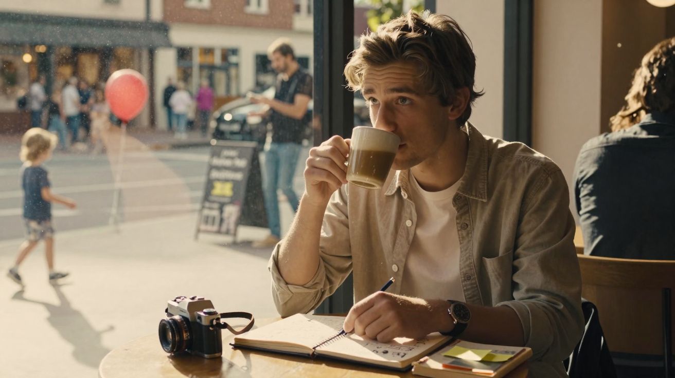 Homem sentado num café a beber café com leite e a escrever num caderno, com uma câmara fotográfica na mesa.