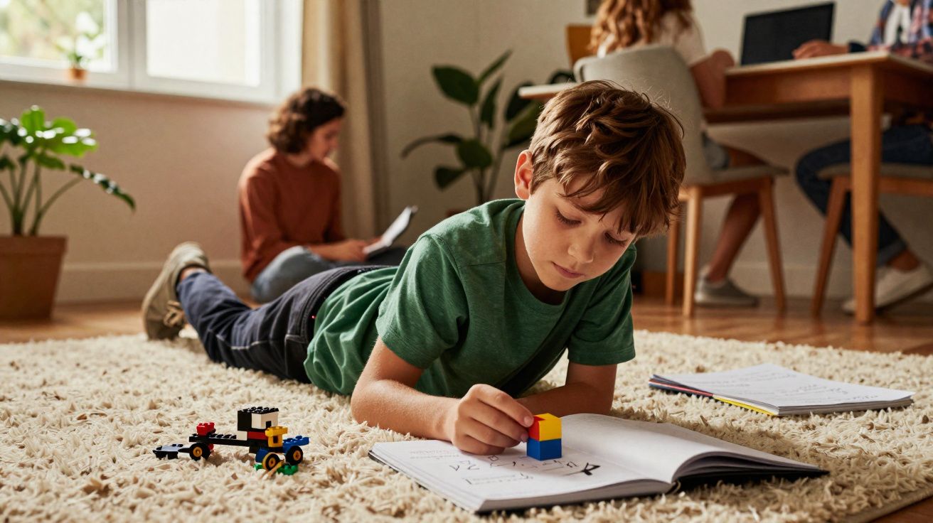 Criança deitada numa sala a fazer os trabalhos de casa com brinquedos de blocos coloridos ao lado.