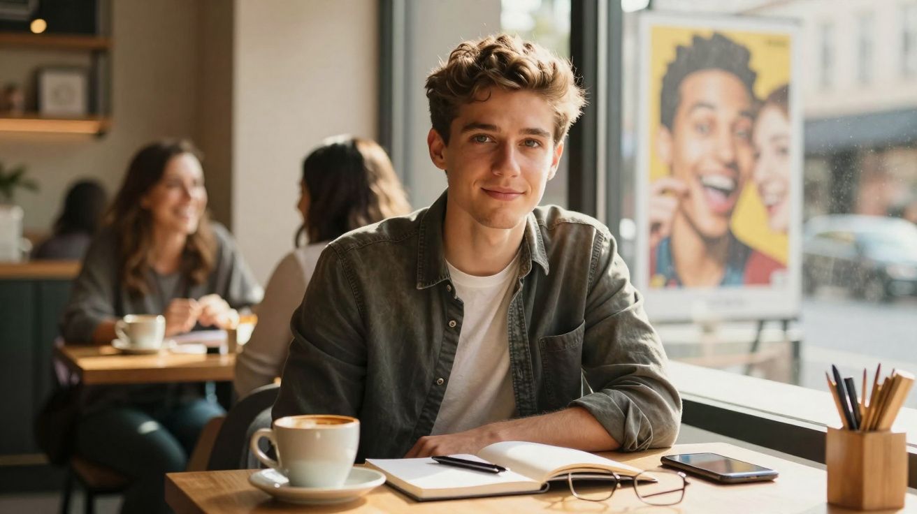 Jovem sentado numa mesa de café, sorrindo, com caderno, óculos e uma chávena de café à frente.