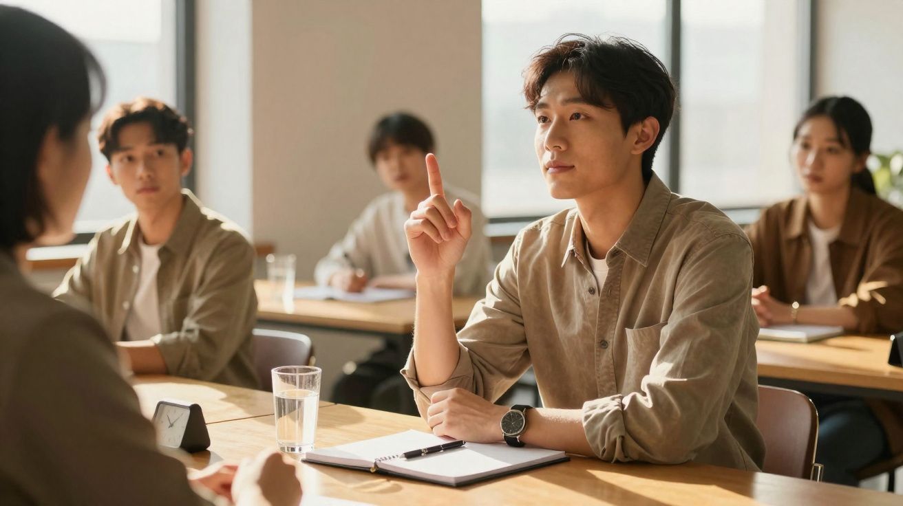 Estudante asiático a levantar a mão para participar numa aula, com colegas atentos ao fundo.