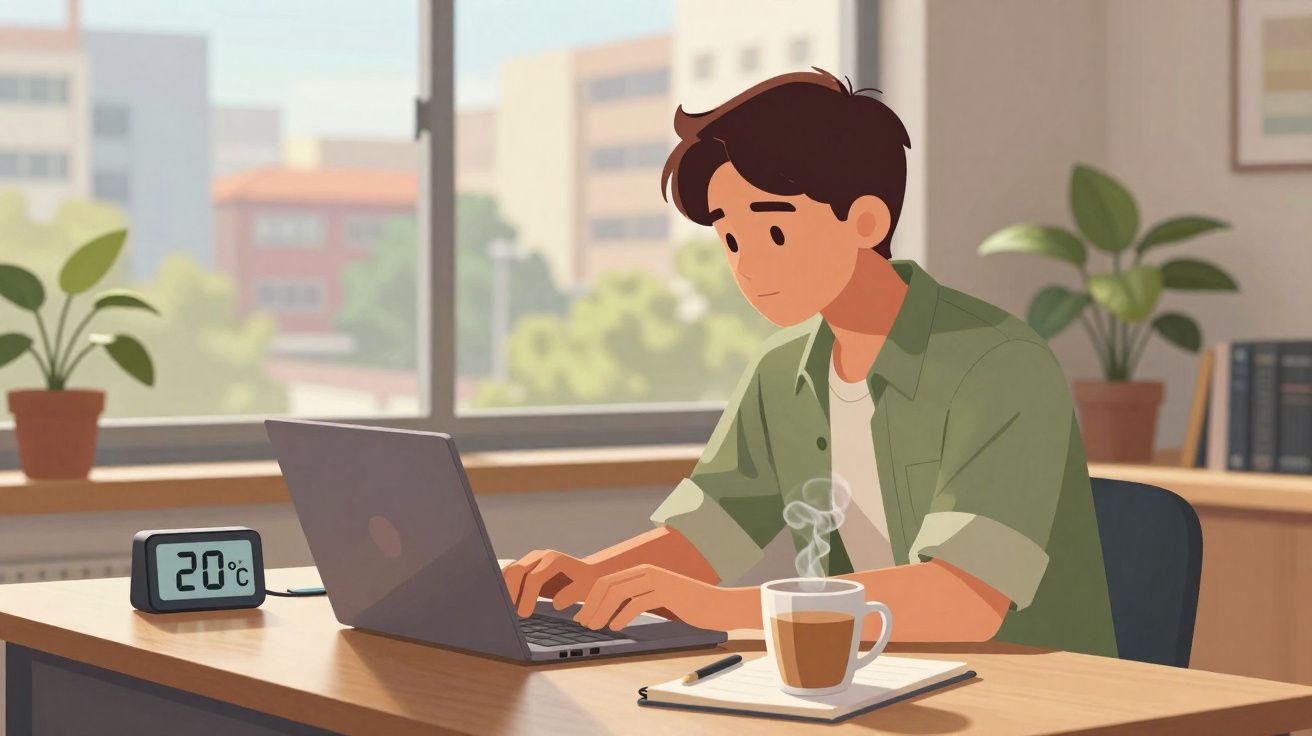 Jovem a trabalhar num portátil numa mesa com chá quente e termómetro a indicar 20°C numa sala iluminada.