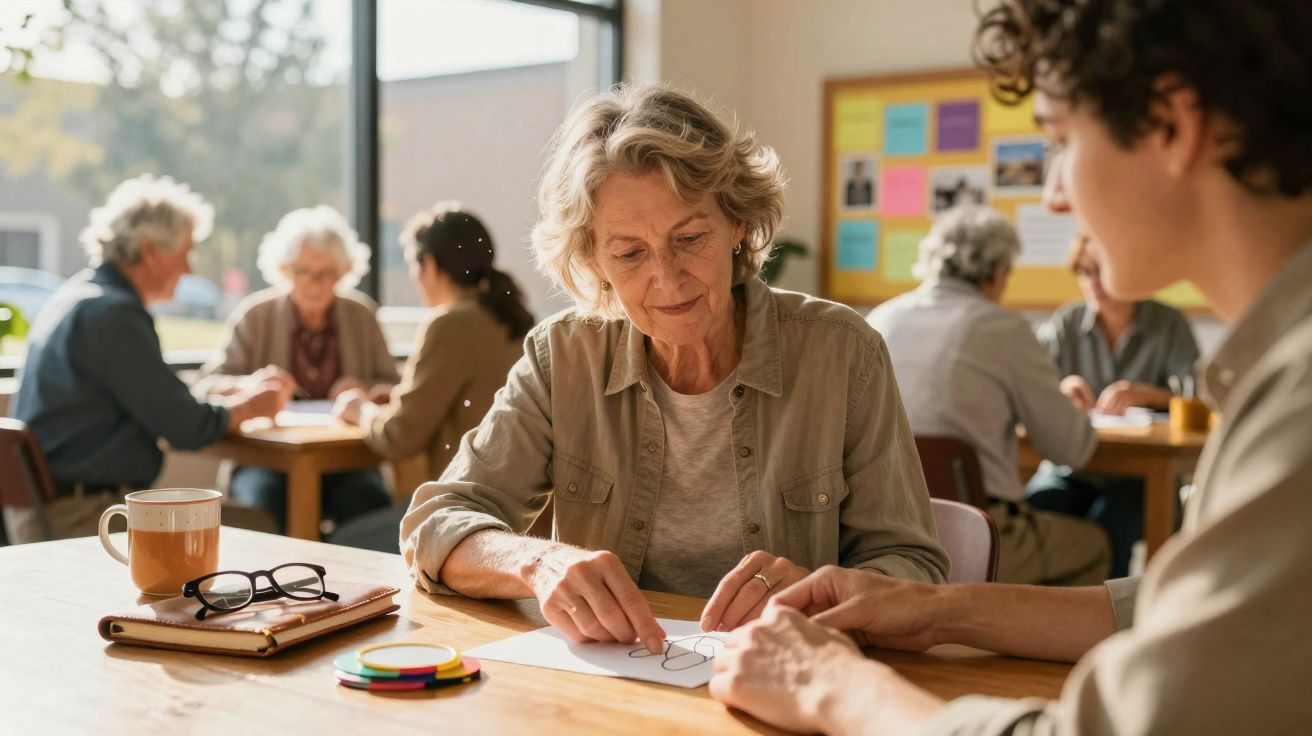 Senhora idosa a desenhar com ajuda de terapeuta ocupacional numa sala com outros idosos.
