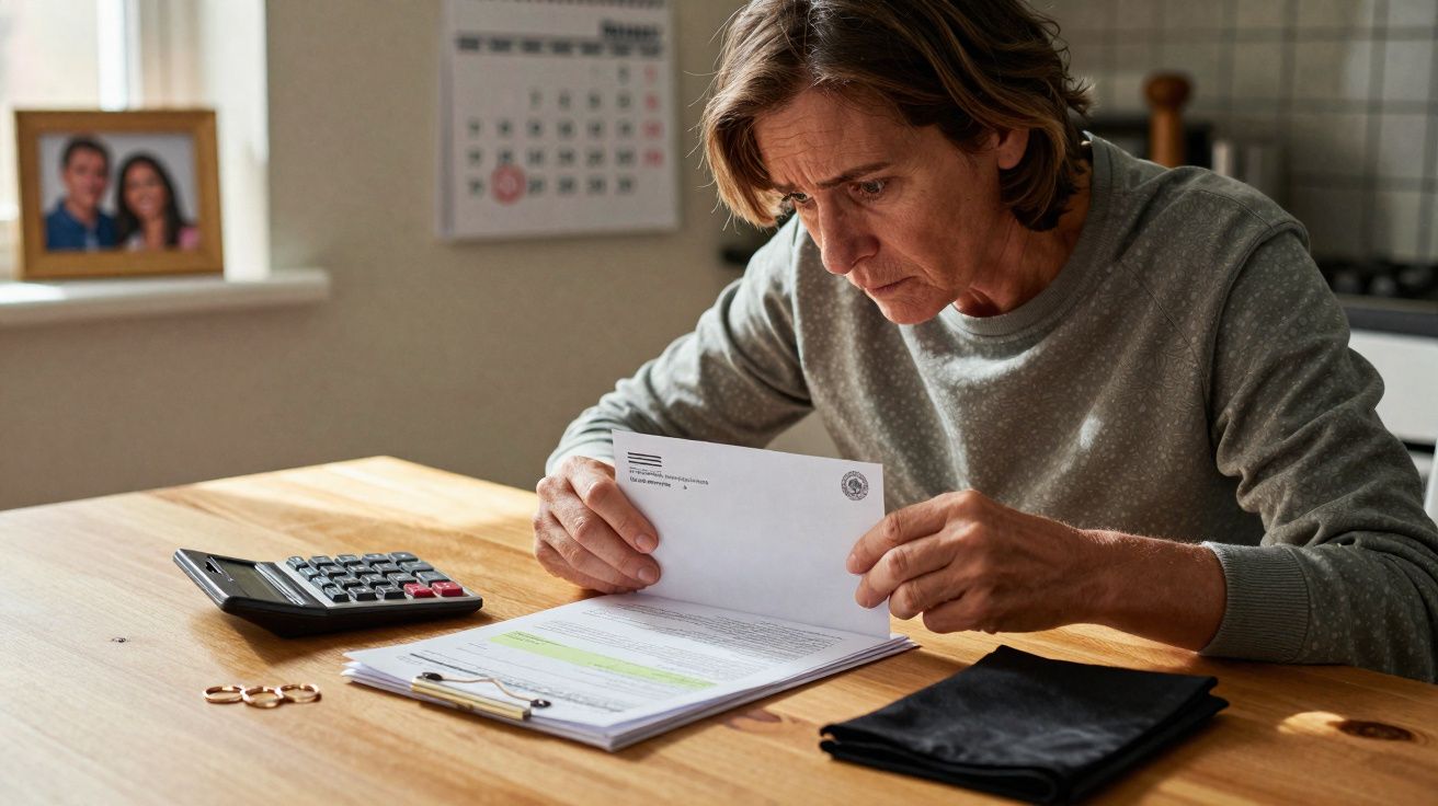 Mulher preocupada analisa documentos sentada à mesa com calculadora, notas e fotografias ao fundo.