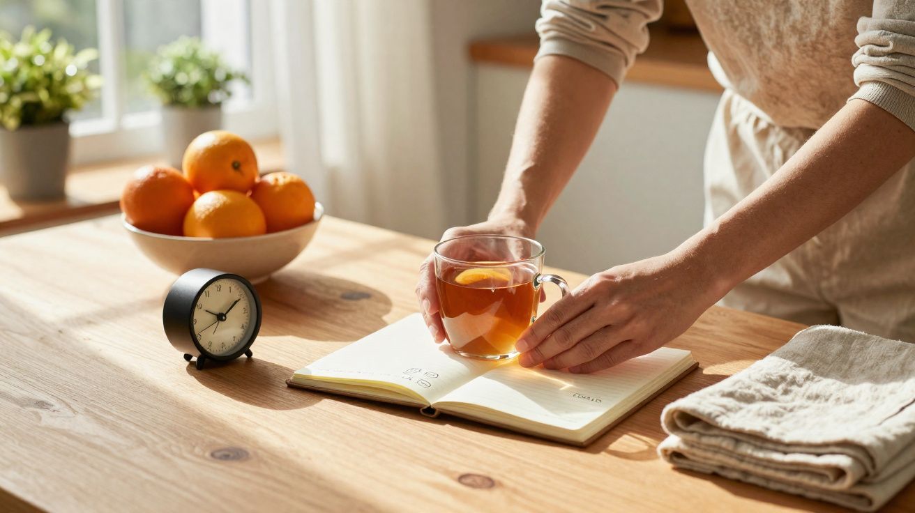 Pessoa a colocar chá numa chávena sobre uma agenda numa mesa de madeira com relógio e tangerinas.