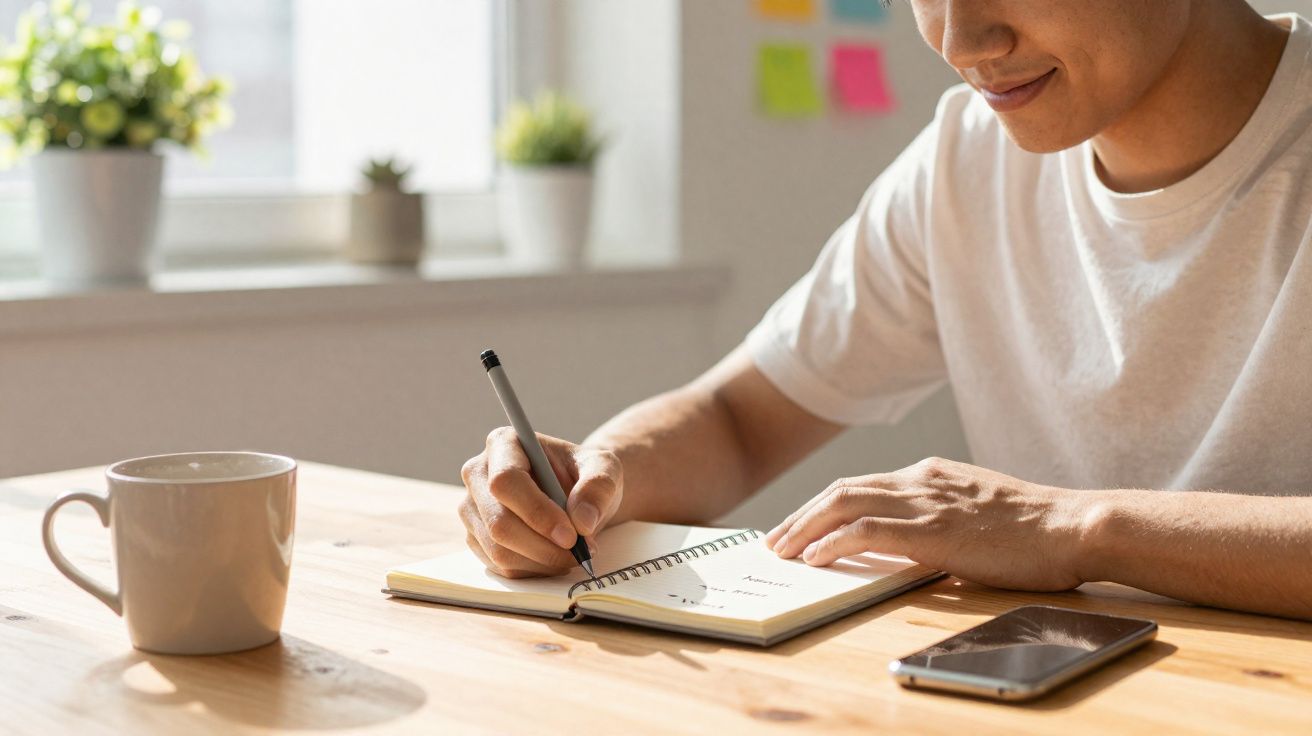 Pessoa a escrever num caderno com caneca e telemóvel numa mesa de madeira junto a janela com plantas.