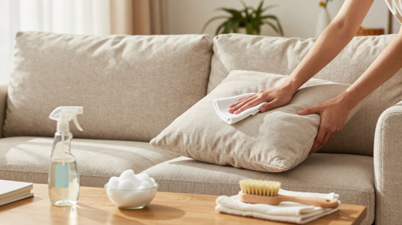 Pessoa a limpar almofada bege num sofá também bege, com mesa de madeira e produtos de limpeza à frente.