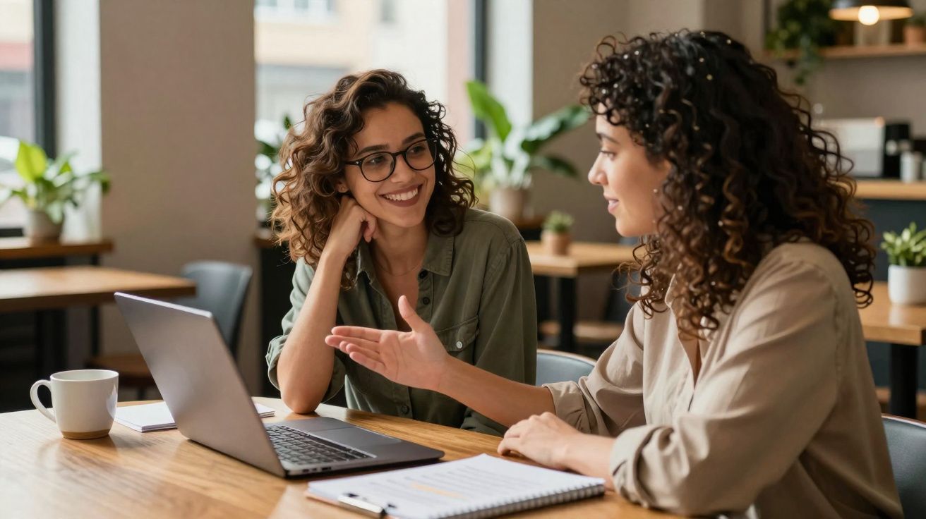 Duas mulheres com cabelos encaracolados conversam e sorriem numa mesa com computador portátil e cadernos.