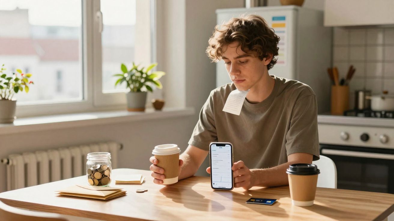 Jovem sentado à mesa com telefone, copo de café e conta na boca numa cozinha moderna iluminada.
