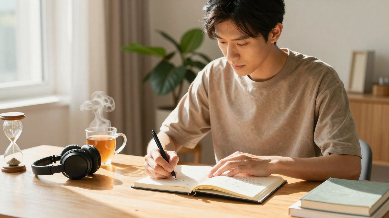 Homem jovem sentado a escrever num caderno numa mesa com chá quente e auscultadores.