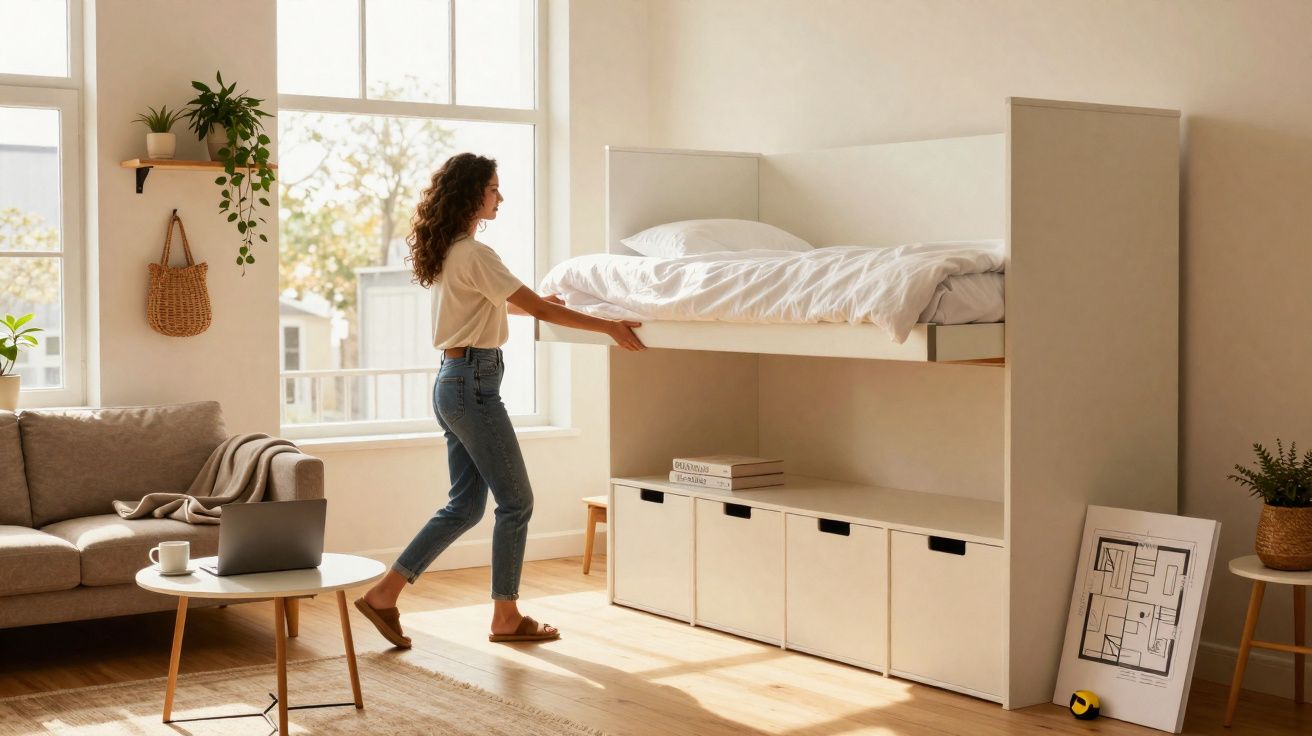 Mulher a erguer cama dobrável em quarto com sofá, mesa, laptop e decoração moderna.