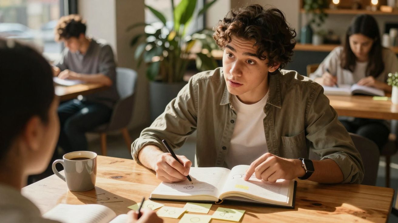 Estudantes jovens a discutir e tomar notas numa mesa de madeira num ambiente luminoso e informal.
