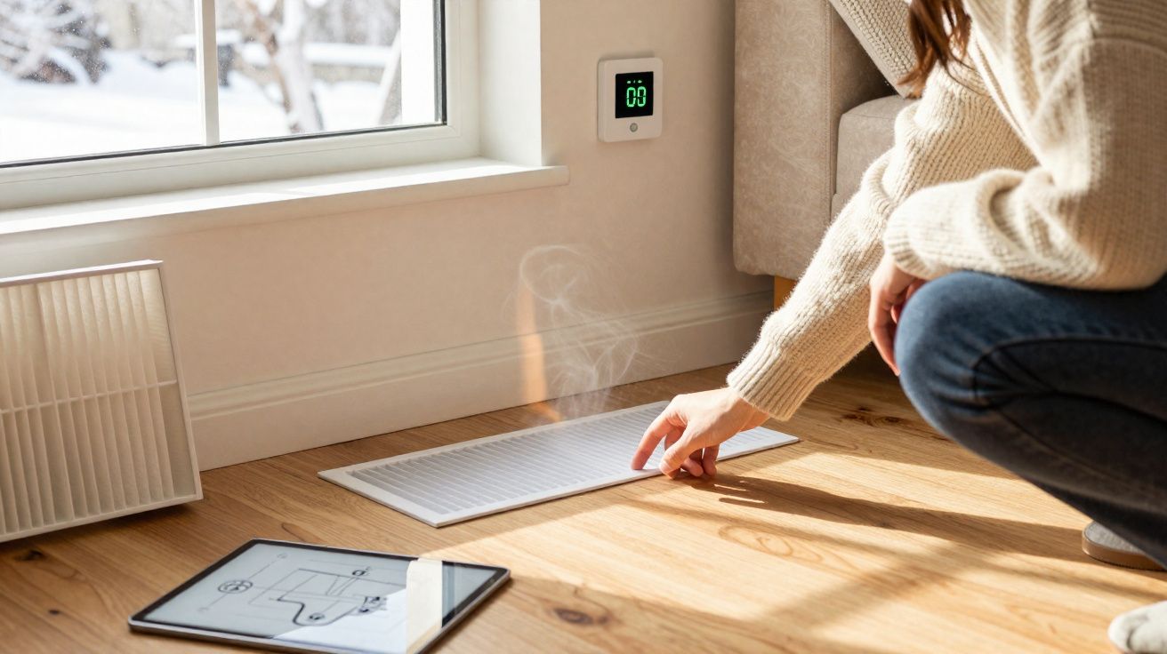 Pessoa a limpar ou inspecionar filtro de ventilação no chão junto a tablet com planta digital numa sala iluminada.