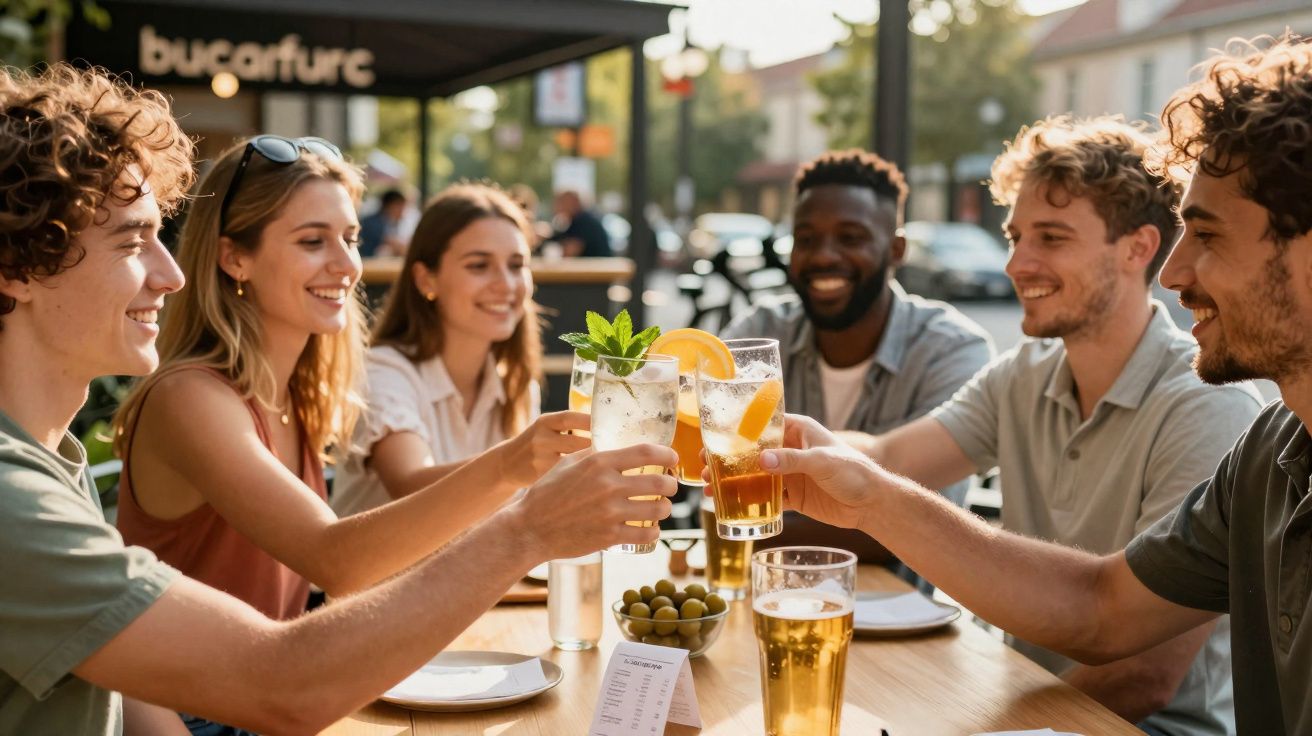 Grupo de seis amigos brindando com bebidas sentados numa esplanada ensolarada.