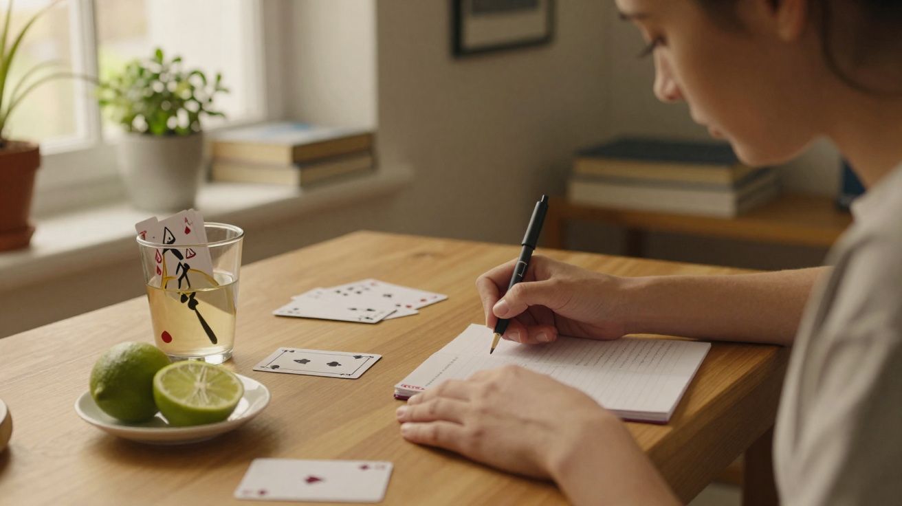 Pessoa a escrever num caderno numa mesa com cartas de baralho, copo com líquido e limas cortadas.