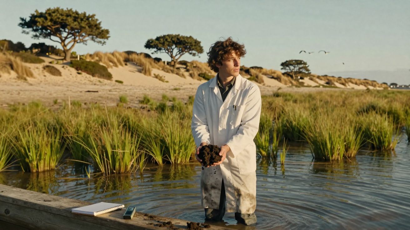 Homem com bata branca recolhe amostras de lama numa zona húmida junto a dunas e árvores ao pôr do sol.