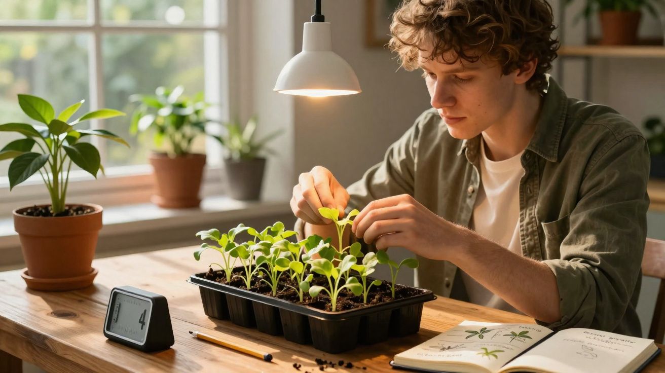Jovem cuida de plantas jovens numa mesa com livro de botânica e luz natural a entrar pela janela.