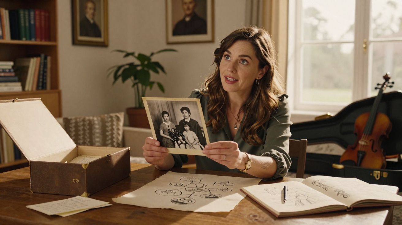Mulher sentada à mesa a segurar e mostrar foto antiga de família enquanto conversa.