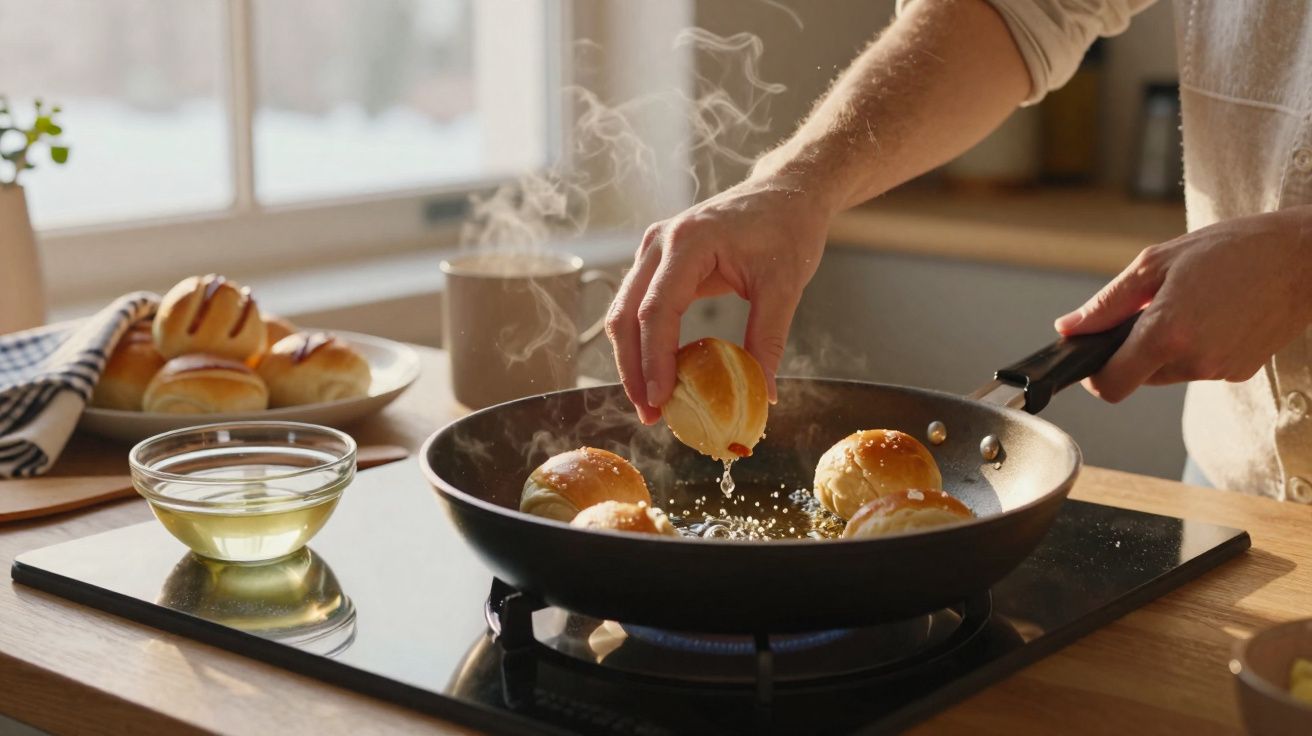 Pessoa a cozinhar pães pequenos numa frigideira sobre fogão, com vapor a subir e jarra de bebida ao fundo.