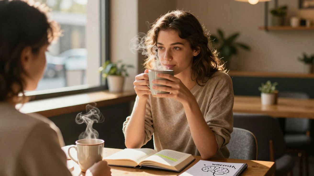 Duas mulheres numa cafeteria, uma delas a beber de uma caneca enquanto lê um livro aberto.