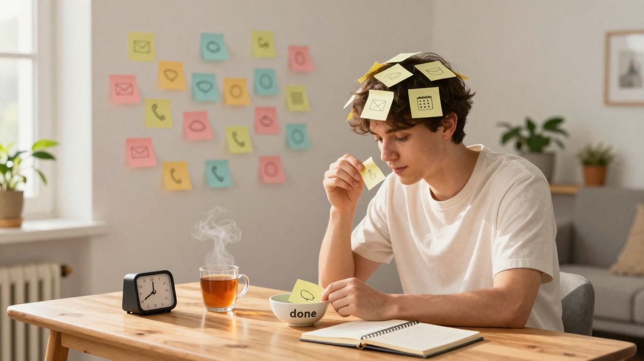Jovem sentado à mesa com notas autocolantes no corpo a fazer anotações e chá quente em ambiente iluminado.