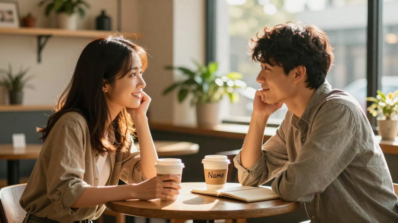 Casal jovem sentado a conversar e sorrir num café com copos de café e caderno na mesa.
