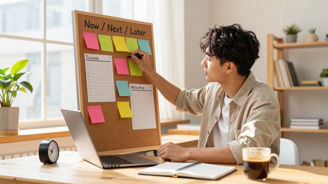 Pessoa a planear tarefas com post-its coloridos num quadro dividido em Now/Next/Later numa mesa com computador e café.