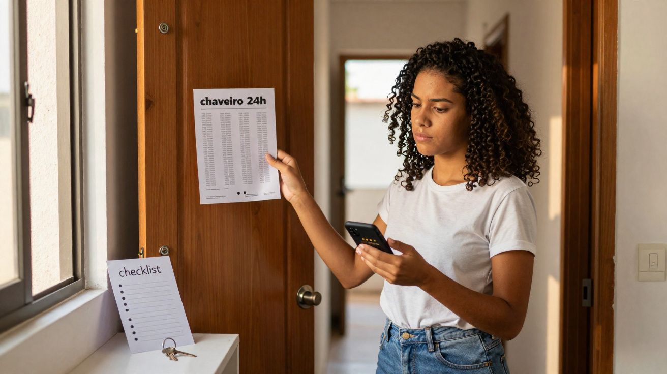 Mulher a consultar lista de chaves afixada numa porta enquanto verifica o telemóvel.