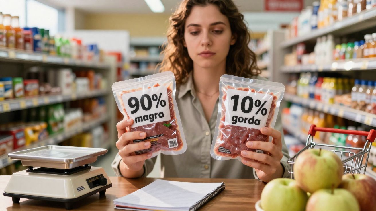 Mulher num supermercado a comparar dois pacotes de carne rotulados como 90% magra e 10% gorda.