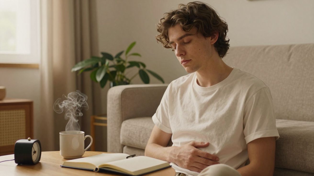 Homem sentado com mão na barriga, olhos fechados, ao lado de uma mesa com chá quente e livro aberto.