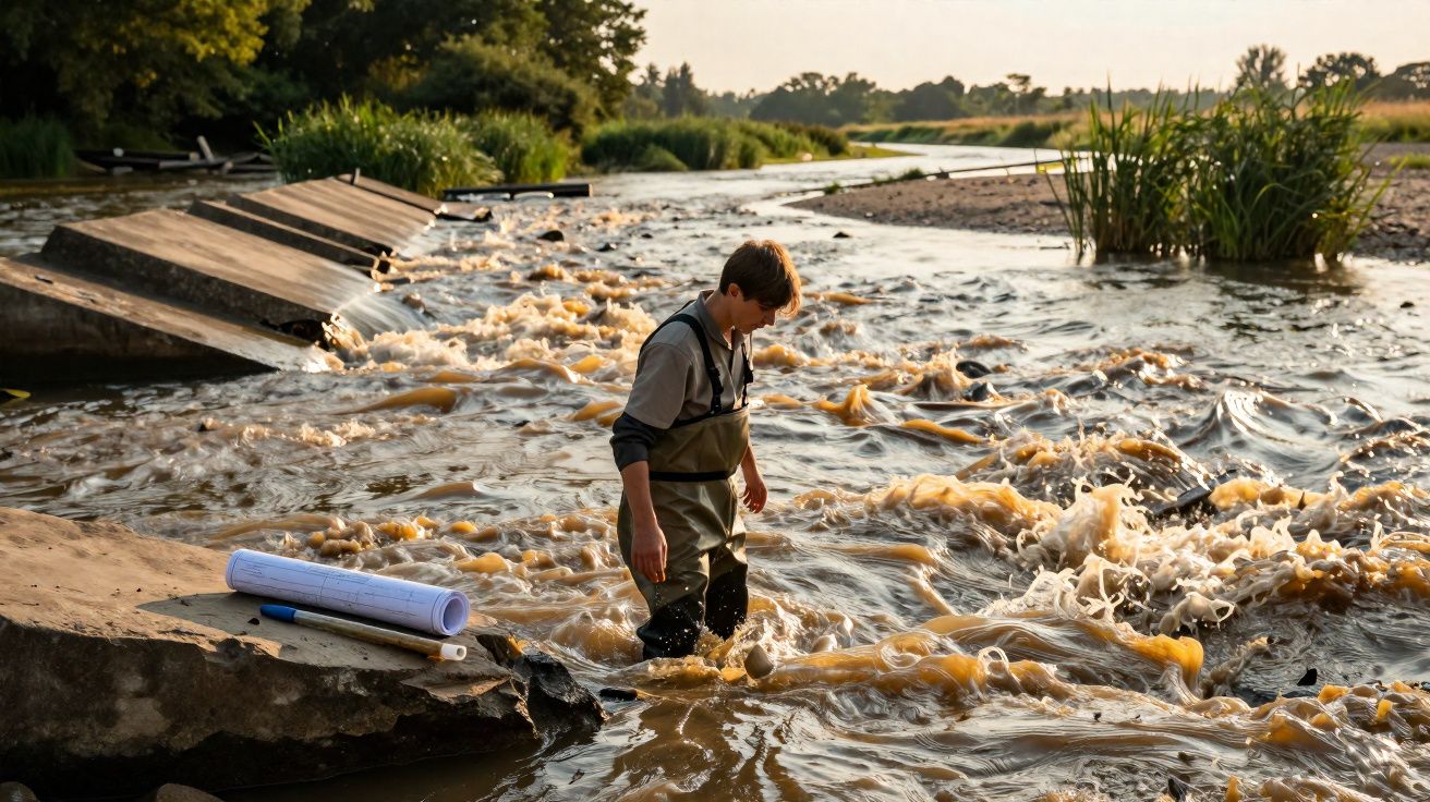 Homem com fato de pesca em água turva junto a uma barragem pequena num rio durante o pôr do sol.
