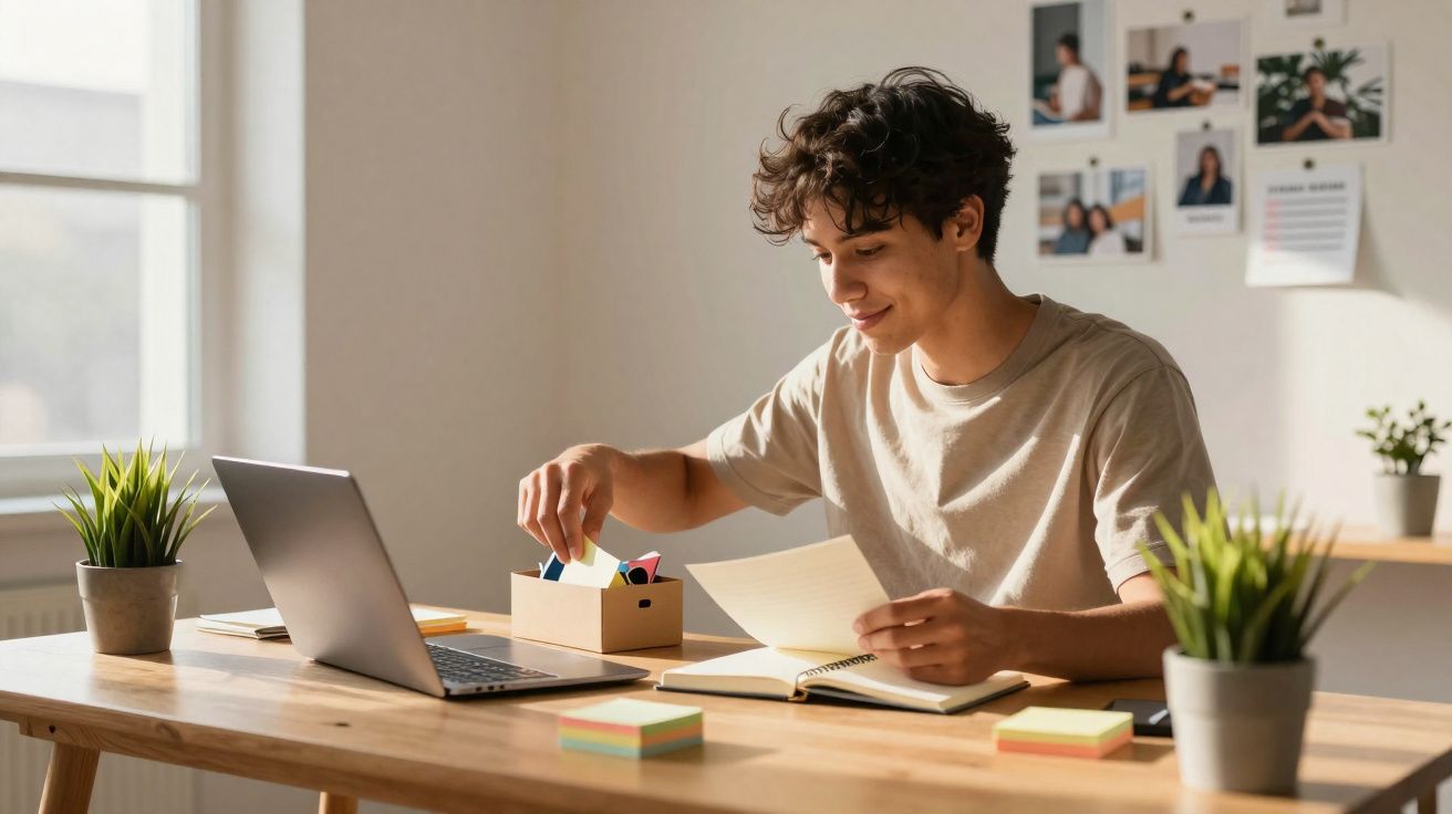 Jovem sentado numa mesa de madeira a estudar, com computador portátil e plantas em vasos ao lado.
