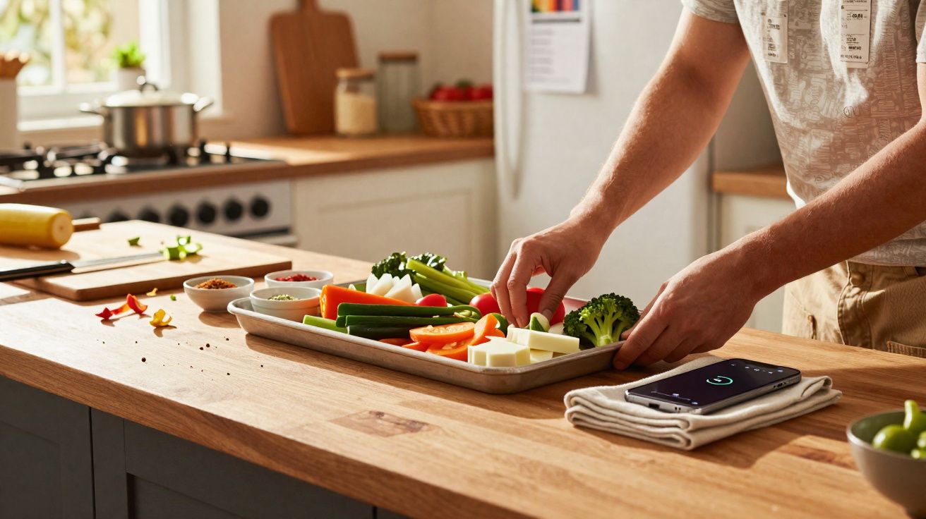 Pessoa a preparar tabuleiro com legumes frescos numa cozinha moderna e luminosa.