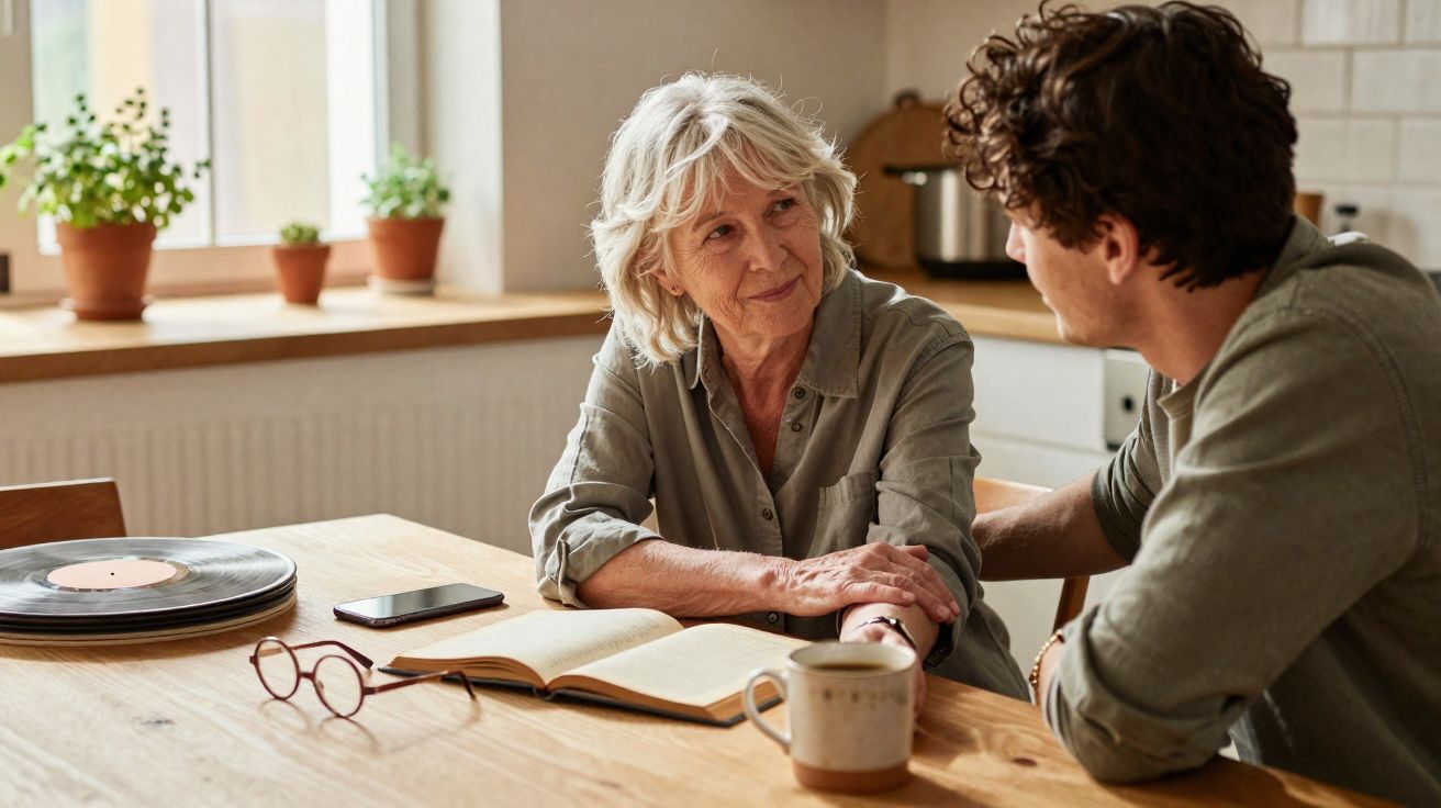 Mulher idosa e homem conversam junto a uma mesa com livro aberto, caneca, óculos e telemóvel numa cozinha iluminada.
