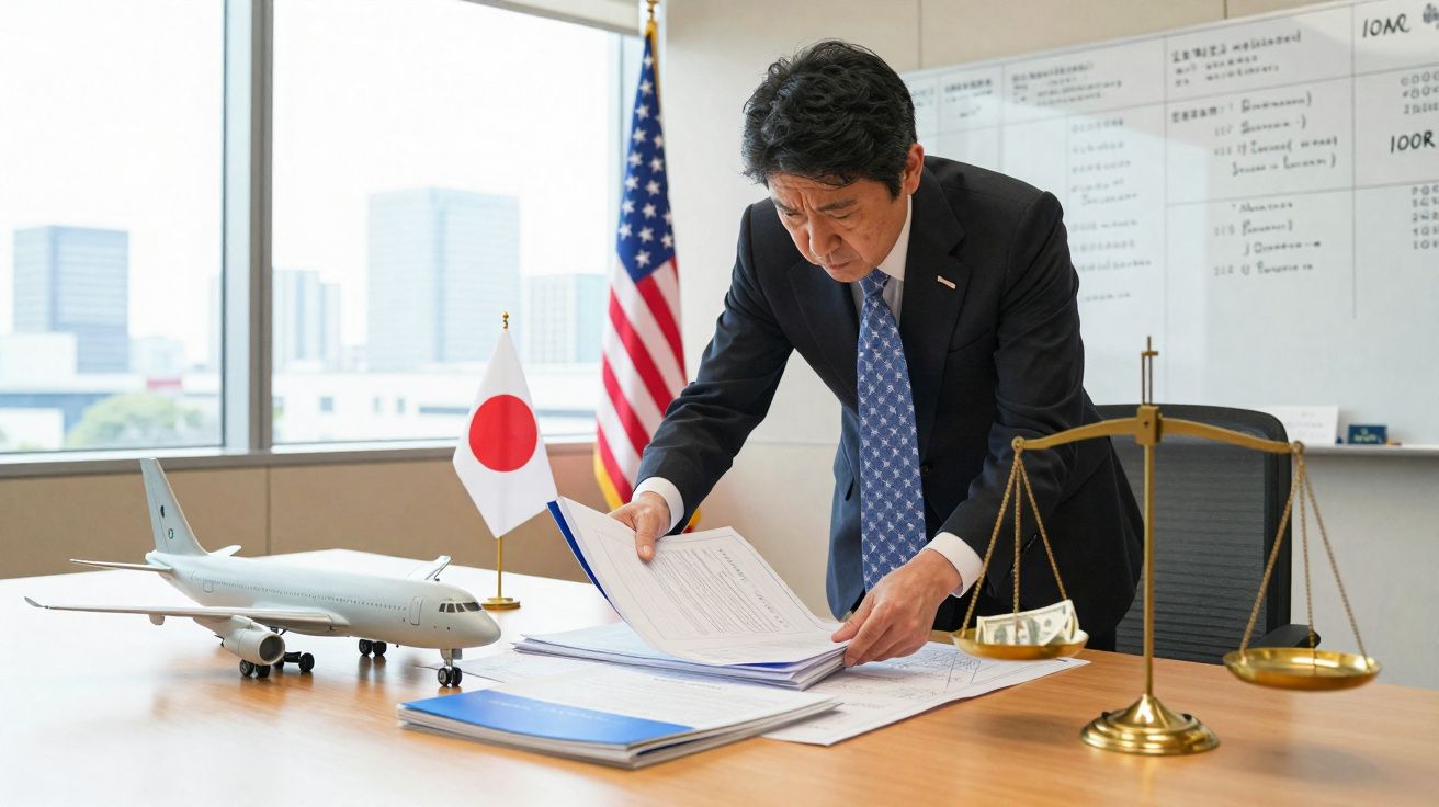 Homem de negócios reverindo documentos numa mesa com modelo de avião, balança dourada e bandeiras do Japão e EUA.